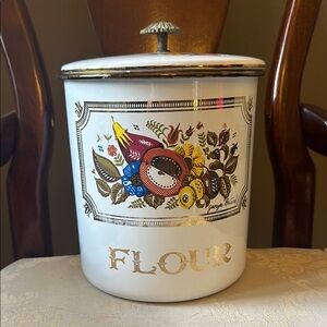 Georges Briard MCM rare gold enamelware flour canister w/ original lid